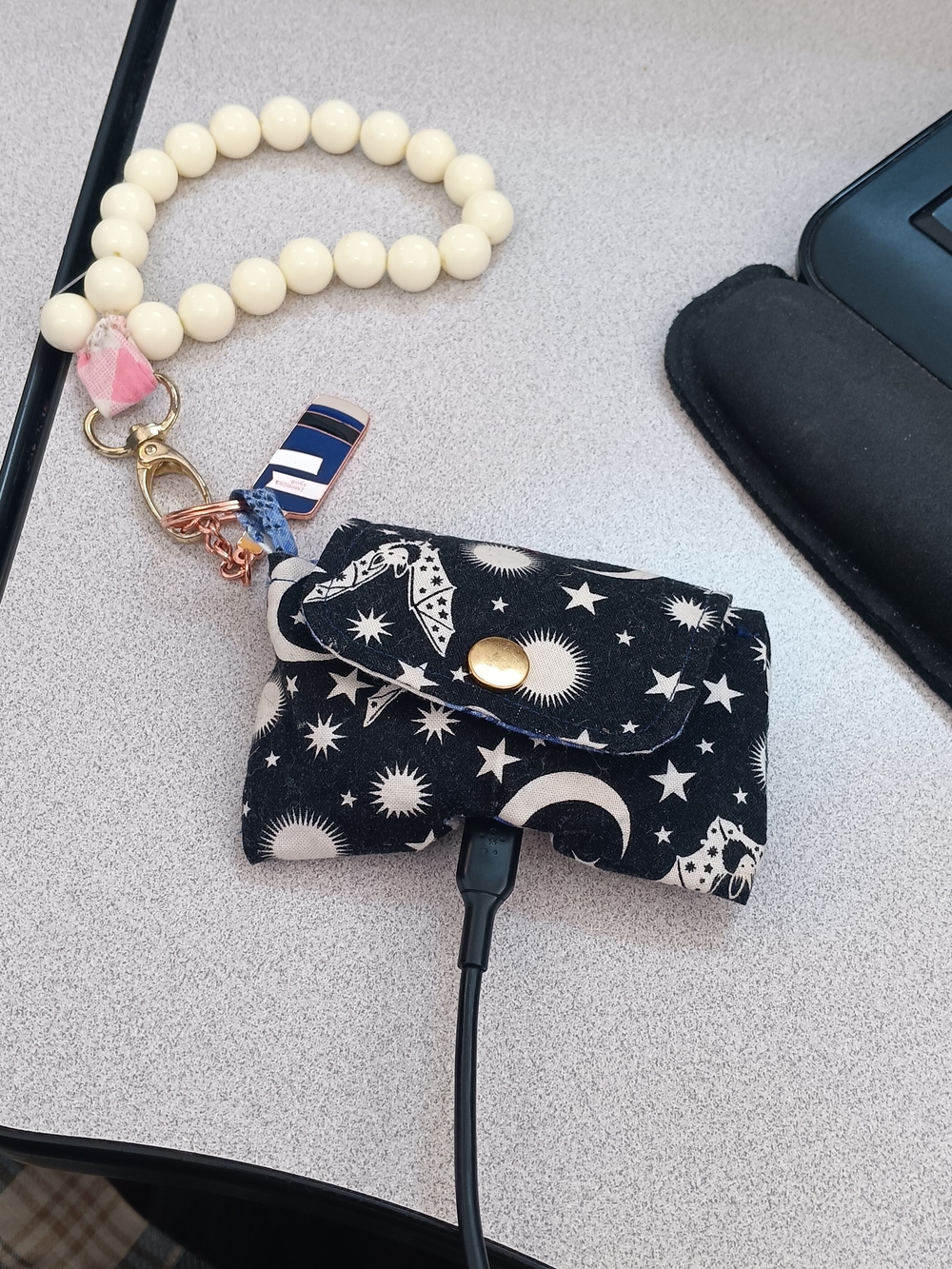 Beaded Wristlet Keychain with Black Celestial Airpod / Earbud Case
